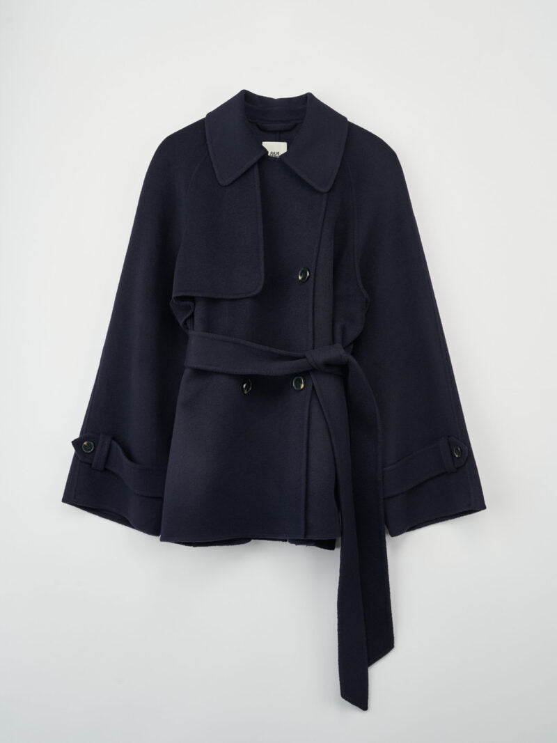 Double Faced Wool Short Trench Dark Navy
