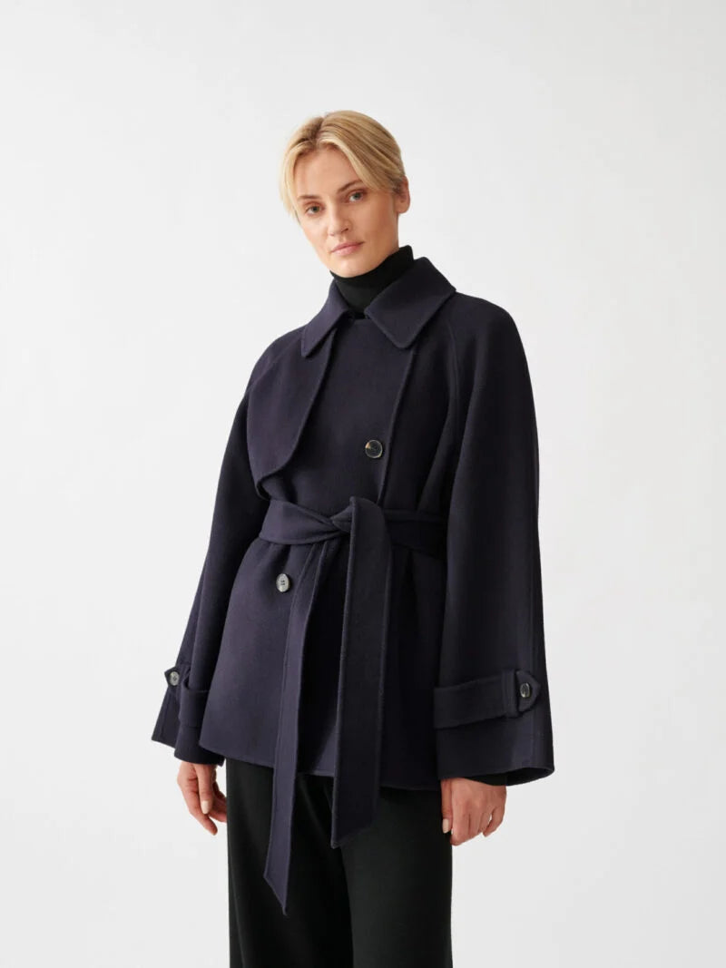 Double Faced Wool Short Trench Dark Navy