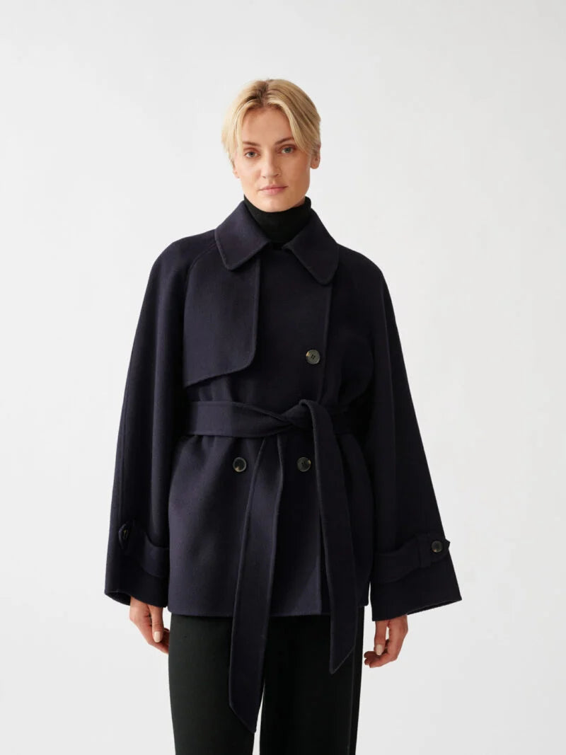 Double Faced Wool Short Trench Dark Navy