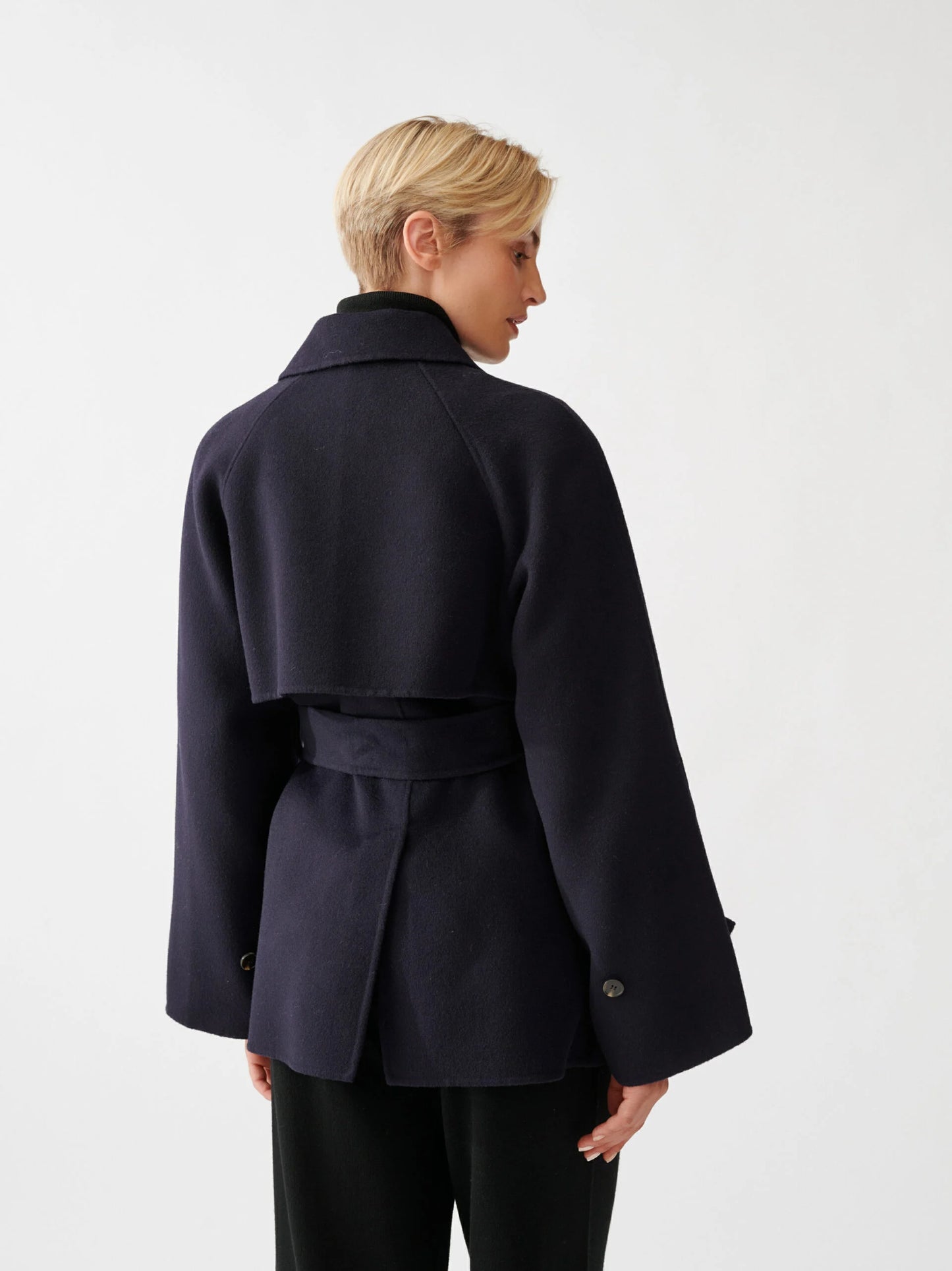 Double Faced Wool Short Trench Dark Navy